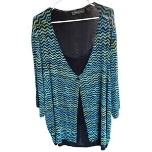 Cm Shapes Top Women's Layered Button Front Plus Relaxed Blue Black Chevron 4XL